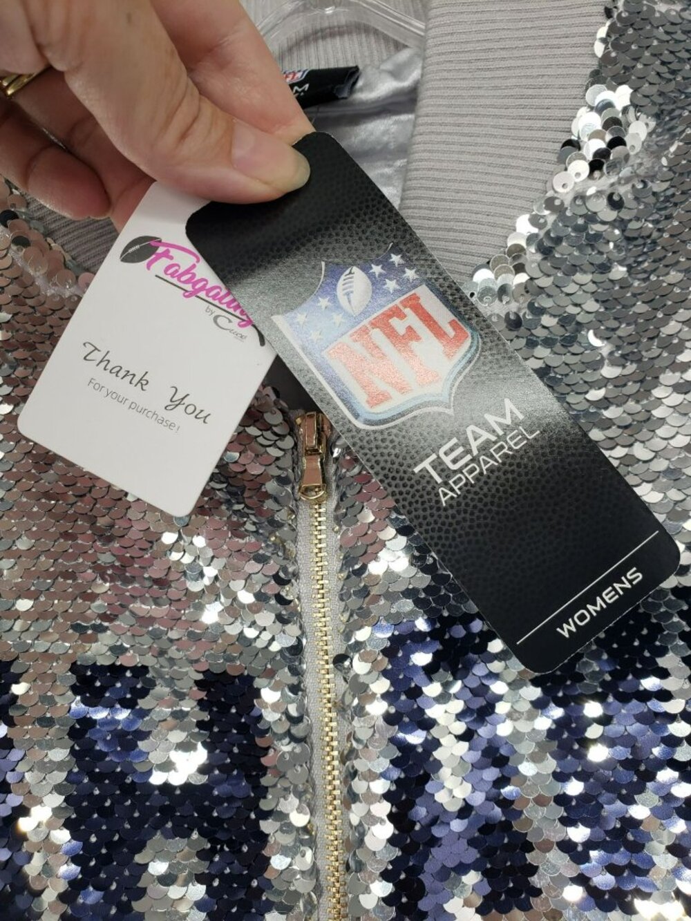 Seattle Seahawks Sequins Silver Blue Bomber Jacket Womens M Medium NFL Bling - Picture 8 of 16